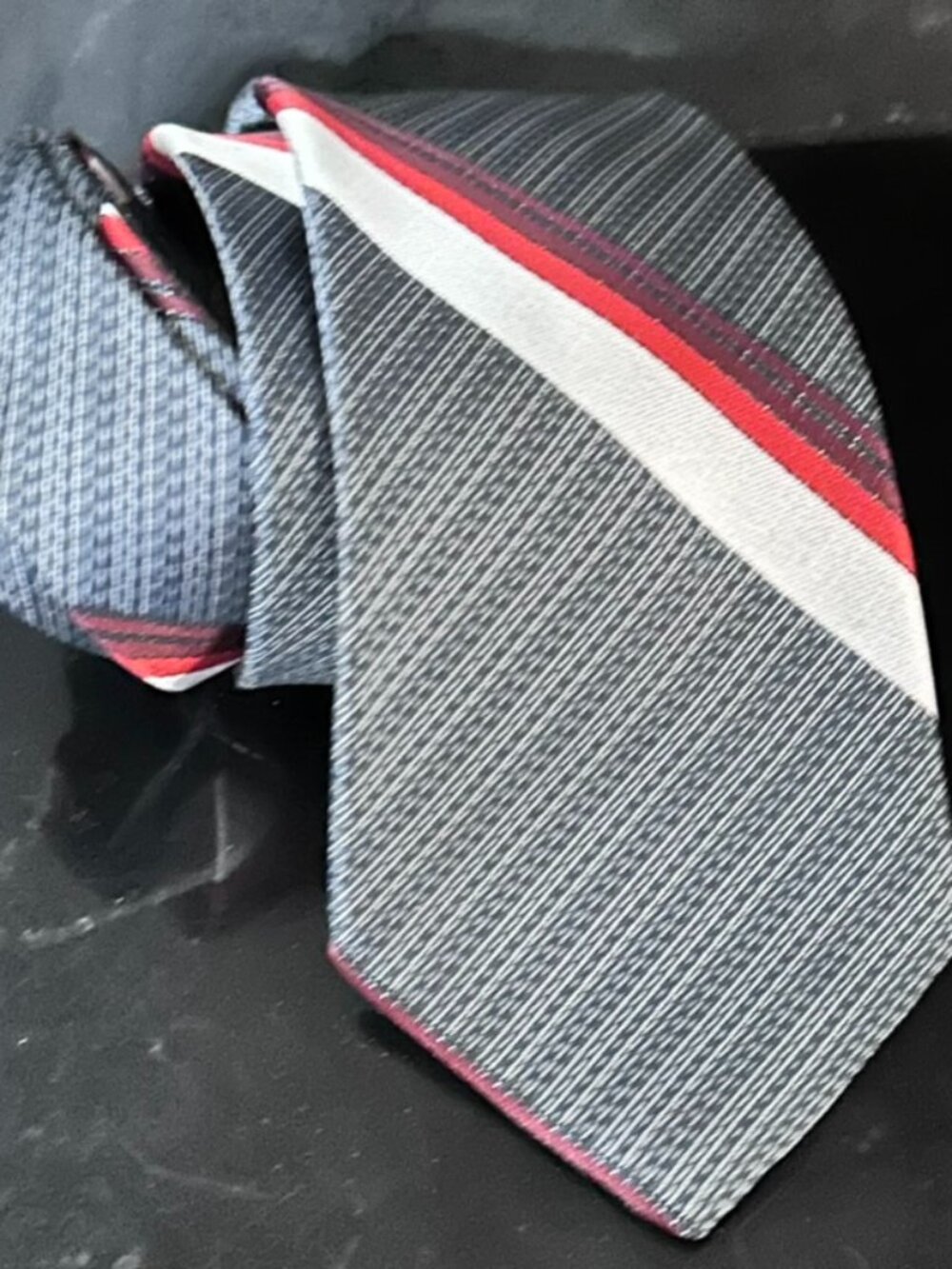 Sears Tie Maroon Gray Silver Vintage EUC Mens Necktie Striped Stripe